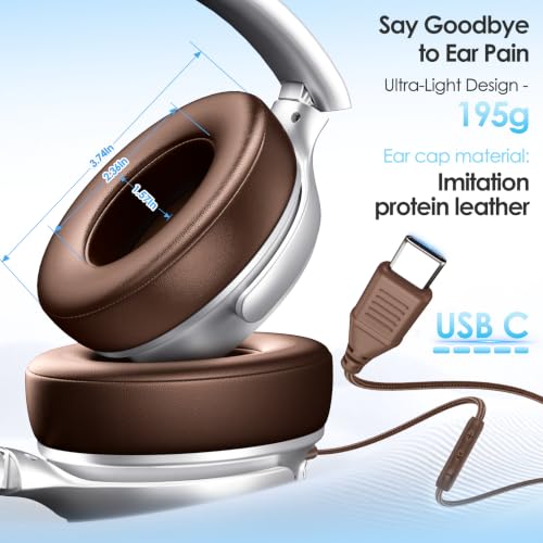 USB C Wired Headphones Active Noise Canceling Headphone Over Ear-Brown - color: Silver