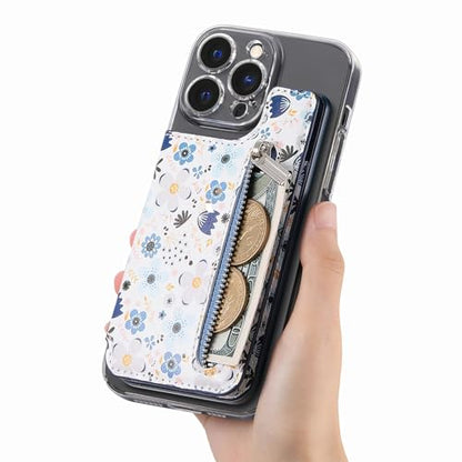 Stick on Wallet for Phone Case, Credit Adhesive Card Holder for Back of Phone Cases Flip Leather Zipper Flower Wallet Sleeve Compatible with iPhone, Samsung Galaxy Most Smartphones Blue - color: Flower Blue