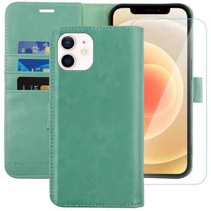 MONASAY Wallet Case Compatible for iPhone 12 mini 5G 5.4-inch,[Glass Screen Protector Included] [RFID Blocking] Flip Folio Leather Cell Phone Cover with Credit Card Holder, Mint - color: Mint