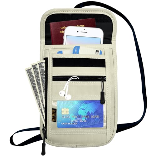RFID Blocking Travel Neck Wallet Pouch and Passport Holder, Travel Neck Pouch Passport Holder for Women & Men - Beige - color: beige