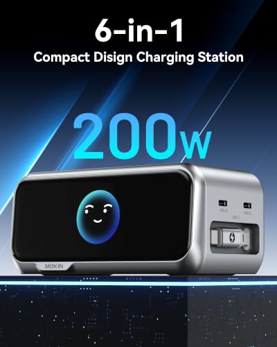 MOKiN 200W Charging Station with Retractable Cord, 6-Port Desktop Charger
