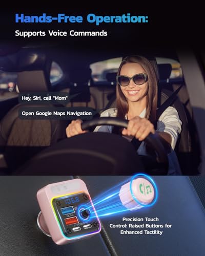 Nulaxy 54W Bluetooth 5.3 Car Adapter, FM Transmitter 4-Port Fast Charging - color: Pink