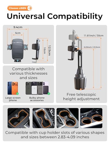 LISEN [Upgraded Version Cup Holder Phone Holder for Car, Universal 360° Adjustable Long Neck Car Phone Mount Golf Cart Truck Jeep, Compatible with iPhone Samsung Google & All 4.0-7.0 '' Phones - color: Black