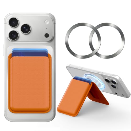 MagSafe Wallet Stand RFID Card Holder Thin Leather with Strong Magnets - color: Orange
