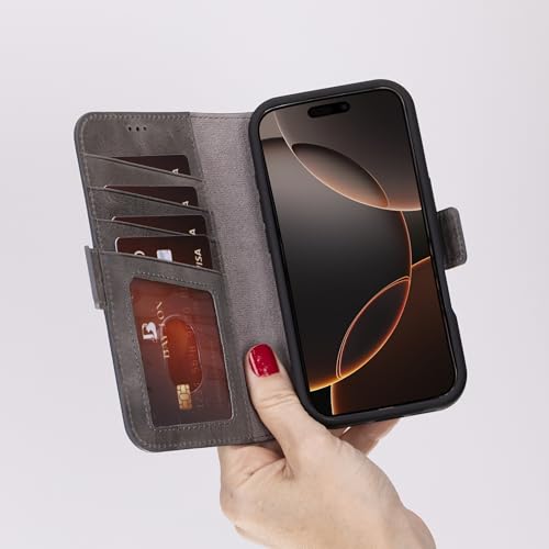 Bayelon Leather Wallet Case for iPhone 16 Pro 6.3" - Flip Cover Card Holder, iPhone 16 Pro Wallet Folio Case, Kickstand, MagSafe Compatible RFID, Real Leather iPhone 16 Pro Cover (Smoked Black) - color: Smoked Black, size: iPhone 16 Pro
