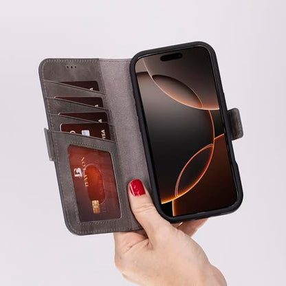 Bayelon Leather Wallet Case for iPhone 16 Pro 6.3" - Flip Cover Card Holder, iPhone 16 Pro Wallet Folio Case, Kickstand, MagSafe Compatible RFID, Real Leather iPhone 16 Pro Cover (Smoked Black) - color: Smoked Black, size: iPhone 16 Pro