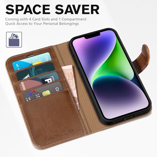 TUCCH Case Wallet for iPhone 14 (6.1") 2022, RFID Blocking Folio, Brown | 4 Card Holders, Kickstand, PU Leather, Magnetic Closure, Shockproof TPU Shell, Protective Flip Cover - color: Brown