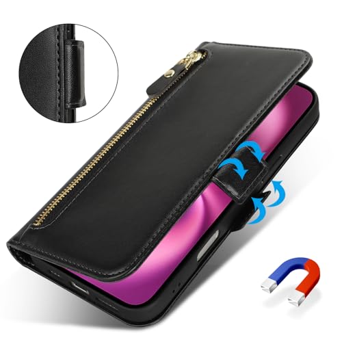 Ｈａｖａｙａ for iPhone 16 case Wallet with Card Holder Zipper for Women Men PU Leather Flip Folio Credit Card Slots Stand Shockproof Phone Cover(6.1")-Black - color: Black-A