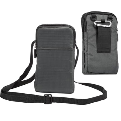 Black Shoulder Phone Bag, Cell Phone Belt Clip Pouch, 6.0" Ladies Men Travel Shoulder Messenger Crossbody Bag with Strap Zipper Waist Pocket Purse Wallet Belt Clip Holder with Carabiner Hook Handbag - color: Dark gray