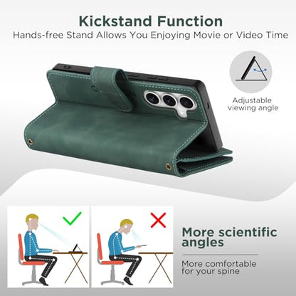 for Samsung Galaxy S24-FE-Wallet Case: with RFID Blocking Card Slots (6 Cards) | Soft PU Leather Magnetic Snap Zipper Pocket | Crossbody Wrist Strap Protective Phone Cover - Green - color: Green, size: Galaxy S24 FE（6.7‘’）