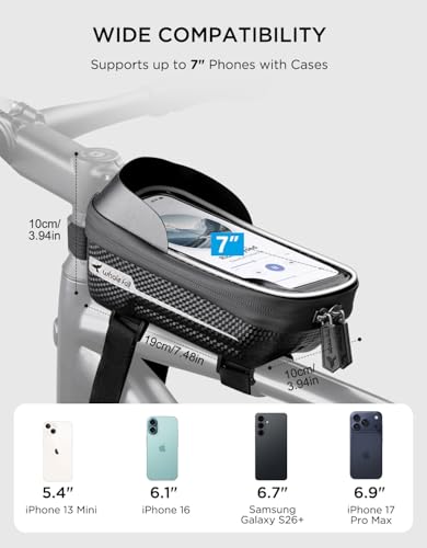 whale fall Bike Frame Bag, Molded Hard Shell, Reflective Bike Phone Holder | Waterproof Top Tube Bag with TPU Touchscreen, Fits Phones up to 7", Includes Rain Cover for Commuting and Night Riding - color: Black - Reflective Strip