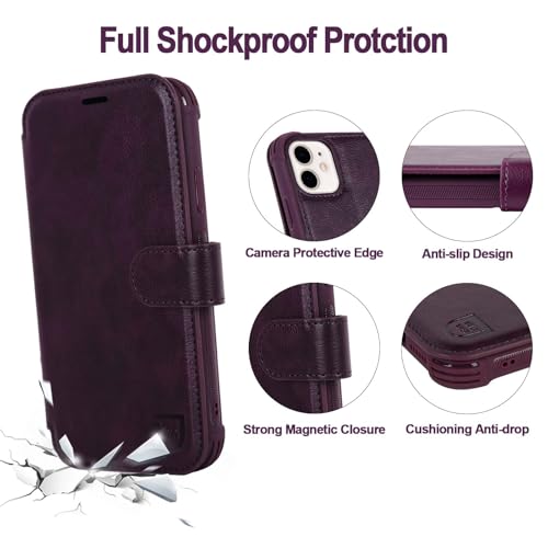 VANAVAGY Wallet Case for iPhone 11 6.1 inch, Purple | 12ft Drop-proof Cover for Women Men, Silm PU Leather, RFID Blocking Card Holder, Wrist Strap, Screen Protector - color: Purple
