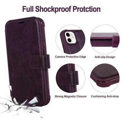 VANAVAGY Wallet Case for iPhone 11 6.1 inch, Purple | 12ft Drop-proof Cover for Women Men, Silm PU Leather, RFID Blocking Card Holder, Wrist Strap, Screen Protector - color: Purple