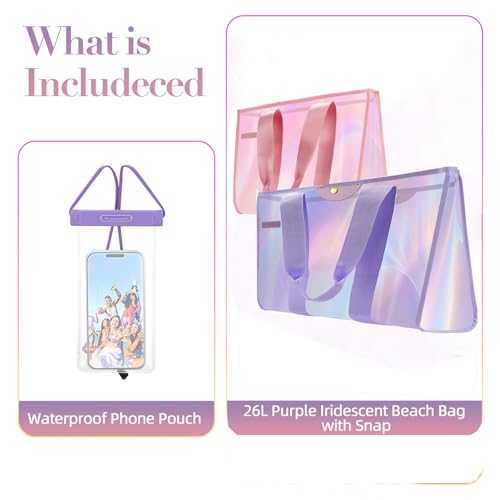 GolfFox Iridescent Beach Bag, 2Pack Jelly Beach Tote Bag with Phone Pouch | Large Beach Bag Waterproof Sandproof, Snap & Zipper Beach Tote ,Pink & Purple Clear Pool Swim Bag for Women, Beach Essentials - color: Purple & Pink Iridescent