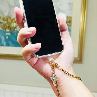 Phone Wrist Strap Metal Phone Chain Wristlet Strap Detachable Cellphone Lanyard Wrist with Tether Tab - color: 02_gold Christ Cross