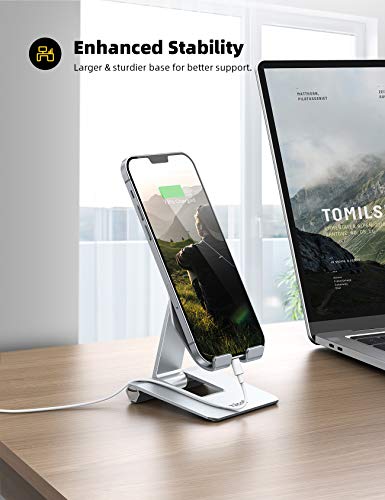 Lamicall Aluminum Metal Adjustable Cell Phone Stand Desk - Heavy Duty Foldable Desktop Phone Holder, for iPhone 17 16 15 14, Plus, Pro, Pro Max, 13 12 Plus, Galaxy S26 25, 4-11'' Sliver - color: Light grey