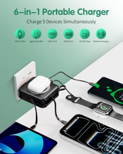 10000mAh for Magsafe Portable Charger Built-in Cables & AC Wall Plug,Black - color: Black