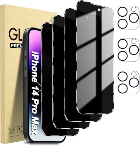 6-in-1 Privacy Screen Protector for iPhone 14 Pro Max 6.7 Inch, with 3 Pack Camera Lens Protector, 28 Ant-SpyTempered Glass, 9H Hardness, Support Face ID, Case Friendly, Bubble Free & Easy Install