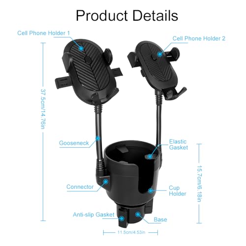 JINKEY Dual Cup Holder Phone Mount for Car, 2-in-1 Car Cup Holder Expander with Adjustable Gooseneck, 360° Rotating Cell Phone Holder, Adjustable Base for 4–6.7 in Smartphones
