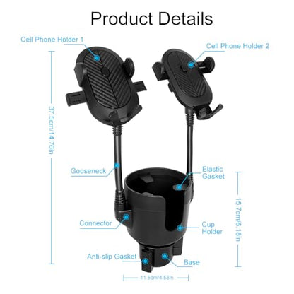 JINKEY Dual Cup Holder Phone Mount for Car, 2-in-1 Car Cup Holder Expander with Adjustable Gooseneck, 360° Rotating Cell Phone Holder, Adjustable Base for 4–6.7 in Smartphones