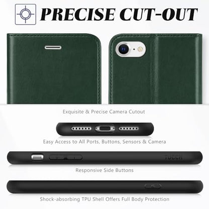 TUCCH Case Wallet for iPhone SE 2022/SE 2020/iPhone 8/7, Midnight Green | 3 Card Holders, Kickstand, PU Leather, Shockproof TPU Shell, Magnetic Closure, Protective Folio Cover - color: Midnight Green