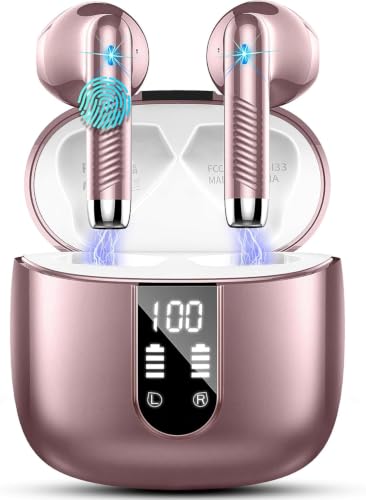 Wireless Earbuds, 2026 Bluetooth 5.4 Headphones Bass Stereo, Ear Buds with 4 Mics ENC Noise Cancelling, Bluetooth Earbuds 56H Playtime LED Display Rose Gold - color: Rose gold