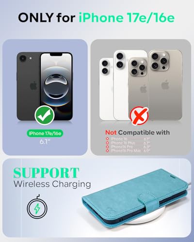 OCASE for iPhone 17e/iPhone 16e Wallet Case, Card Holder, Ice Blue | RFID Blocking, Kickstand, Magnetic Closure, PU Leather Flip Folio, Shockproof TPU Shell, Protective Phone Cover (6.1") - color: Ice Blue
