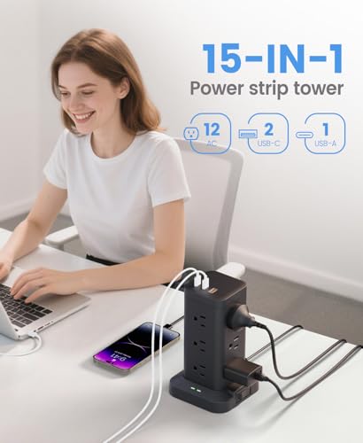 12AC 3USB Power Strip Tower Surge Protector 1800J, 15ft, Black, 1 - color: Black, size: 15ft