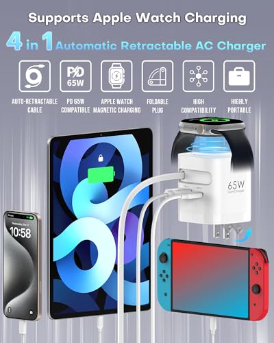 TOPADRE for Apple Watch Charger 65W, 70cm USB-C Retractable Cable