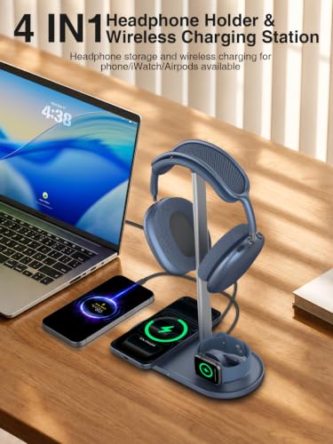 4 in 1 Headphone Stand, 15W Wireless Charger for Airpods/iPhone/iWatch - color: Blue