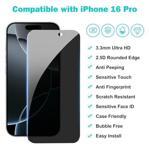 PEHAEL for iPhone 16 Pro Privacy Screen Protector+Camera Lens Protector