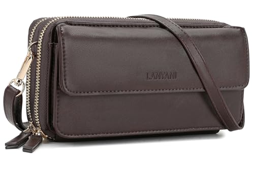 RFID Crossbody Wallet Wristlet Purse with Phone Pocket For Women Vegan Leather - color: Brown Coffee