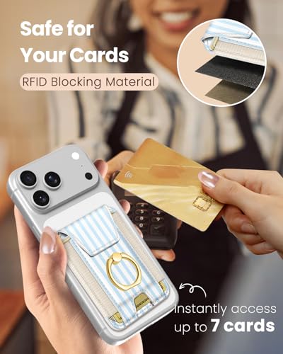 Shorogyt Compatible with Magsafe Wallet with Ring Grip Magnetic Card Holder - Cute Phone Wallets with Stand for iPhone 17/16/15/14/13/12 Series for Women Girls Blue White Design, Fit 7 Cards - color: Blue White