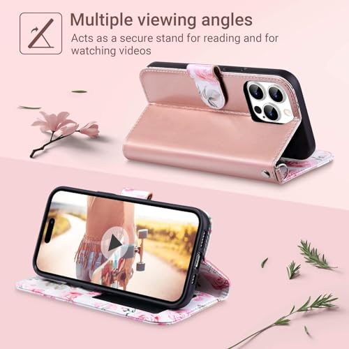 ULAK Compatible with iPhone 16 Pro Wallet Case, Rose Pink Floral | with Card Holder, [RFID Blocking] PU Leather Case with Kickstand Wrist Strap, Durable Shockproof Protective Cover 6.3 Inch - color: Rose Gold, size: iPhone 16 Pro - 6.3 inch
