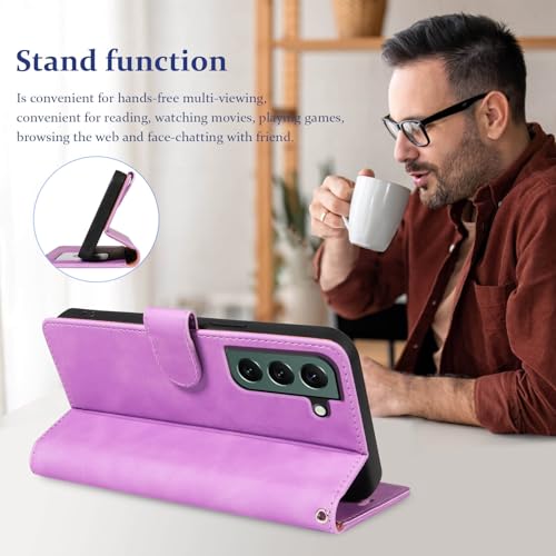 Wallet Case for Galaxy S22, RFID Blocking, 4 Card Slots, Purple | For Samsung Galaxy S22 6.1 inch, PU Leather Flip Cover, Protective TPU Shell, Magnetic Closure, Stand, Wrist Strap - color: Purple