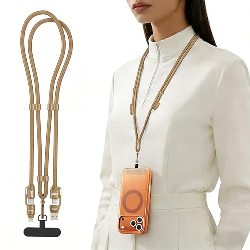 4-in-1 Charging Lanyard,1.5m/4.9ft Adjustable Crossbody Strap with 240W Fast Charging Data Sync for iPhone,Android - color: Gold