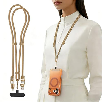 4-in-1 Charging Lanyard,1.5m/4.9ft Adjustable Crossbody Strap with 240W Fast Charging Data Sync for iPhone,Android - color: Gold