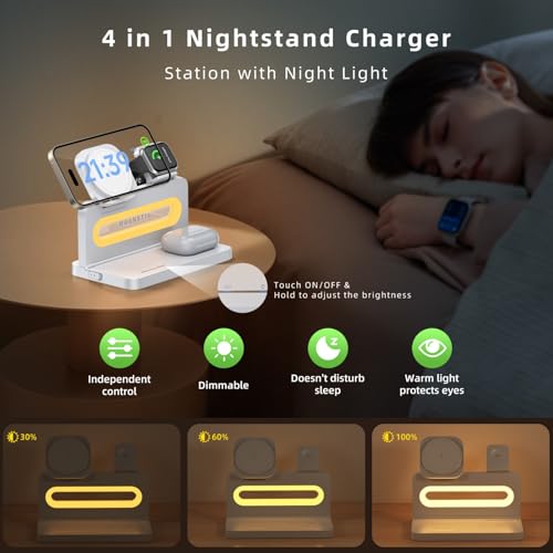 3 in 1 Wireless Charging Station for Apple MagSafe Charger,Magnetic Wireless Charger Stand for iPhone 16 15 14 13 12,Foldable Nightstand Charging Dock for Apple Devices iWatch,AirPods with Night Light - color: White