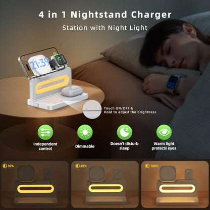3 in 1 Wireless Charging Station for Apple MagSafe Charger,Magnetic Wireless Charger Stand for iPhone 16 15 14 13 12,Foldable Nightstand Charging Dock for Apple Devices iWatch,AirPods with Night Light - color: White