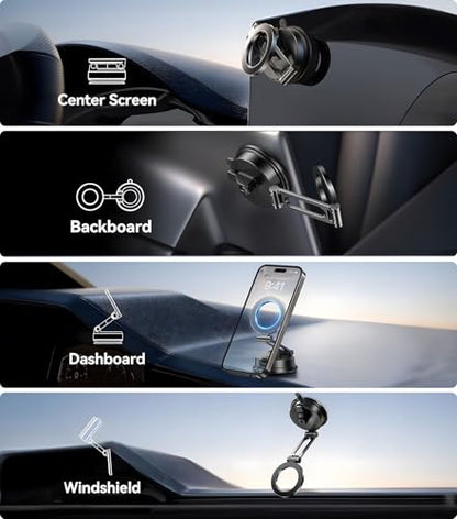 【Vacuum Suction Folding Car Mount】Magnetic Car Phone Holder for magsafe, Aerospace Alloy Arm, Best Dashboard/Windshield/Screen Holder for Your Car/Tesla/Gym/Mirror/Shower/Smooth Surface/iPhone - size: Windshield+Dash+Mag Safe