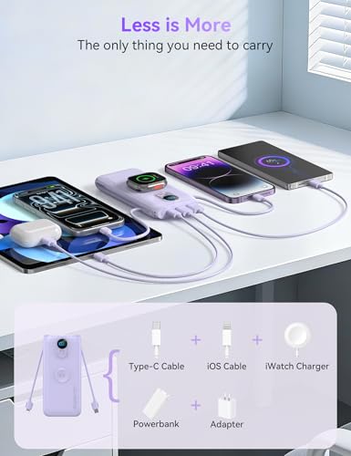 Portable Charger Power Bank 10000mAh PD20W w/Built-in Cables & AC Plug - color: Purple