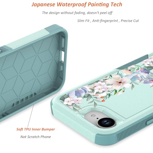 for iPhone 17e Case & iPhone 16e Case: Cute Flowers Floral Design for Girls Women Military Grade Drop Protection TPU Bumper Shockproof Silicone Phone Cover (Mint Green/Magnolia) - color: Mint Green/Magnolia