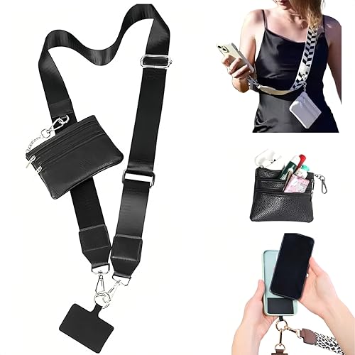 Crossbody Body Phone Holder for Women, New Phone Strap with Zippered Pouch, Adjustable Crossbody Strap - color: Black