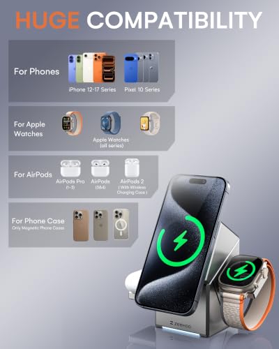 ZEEHOO 3 in 1 Charging Station for Apple, Mag-Safe for iPhone Charger, Certified Rotating Wireless Charger Stand for iPhone 18 Pro/Duo/17-12 Series, Apple Watch, AirPods (USB-C Charger Included) - color: Metal Gray