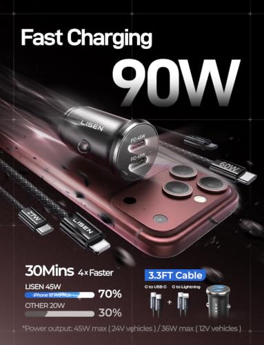 LISEN 90W Car Charger USB C Fast Charge,USB C Car Charger for iPhone 18 Pro - color: Black, size: w/ L+C Cables