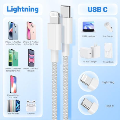 USB C to Lightning Cable, [Apple MFi Certified] iPhone Braided Fast Cable - color: White, size: 2Pack-6FT+10FT