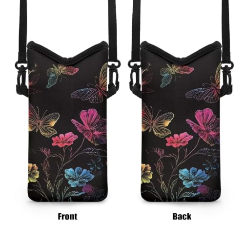 Women Men Small Crossbody Phone Bag Cellphone Pouch with Adjustable Shoulder Strap Neoprene Waterproof Mini Satchel Pouch for Travel, Walking, Beach, Floral Butterfly Black - color: Floral Butterfly Black