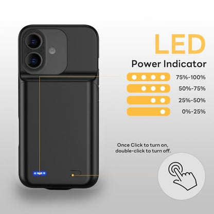 Battery Case for iPhone 17(6.3 inch), 2026 Upgraded 7000mAh Ultra-Slim Charging Case Poratble Rechargeable Extended Charger Case Battery Pack with Tempered Glass Screen Protector Black