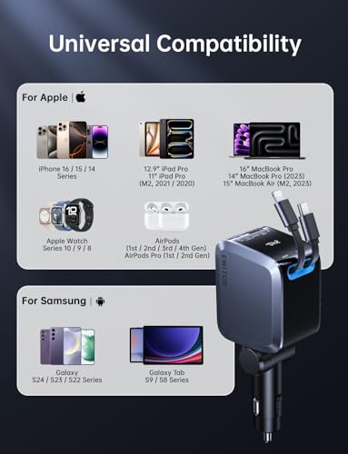 EWITGO Retractable Car Charger, Car Accessories, 72W Fast Charging USB C Car Charger with 4FT Retractable Cables and 2 Ports, for iPhone 16 15 14 13 12, Samsung etc Warm Grey