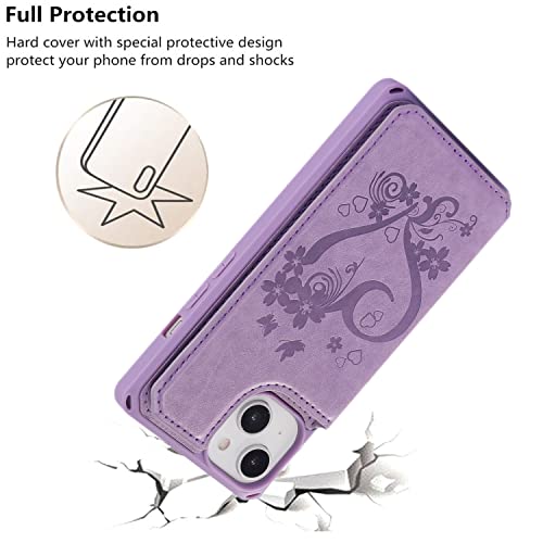 iCoverCase Compatible with iPhone 14 Wallet Phone Case with Card Holder for Women, RFID Blocking Embossed PU Leather Wrist Strap Case 6.1 Inch (Heart Purple) - color: H-Purple